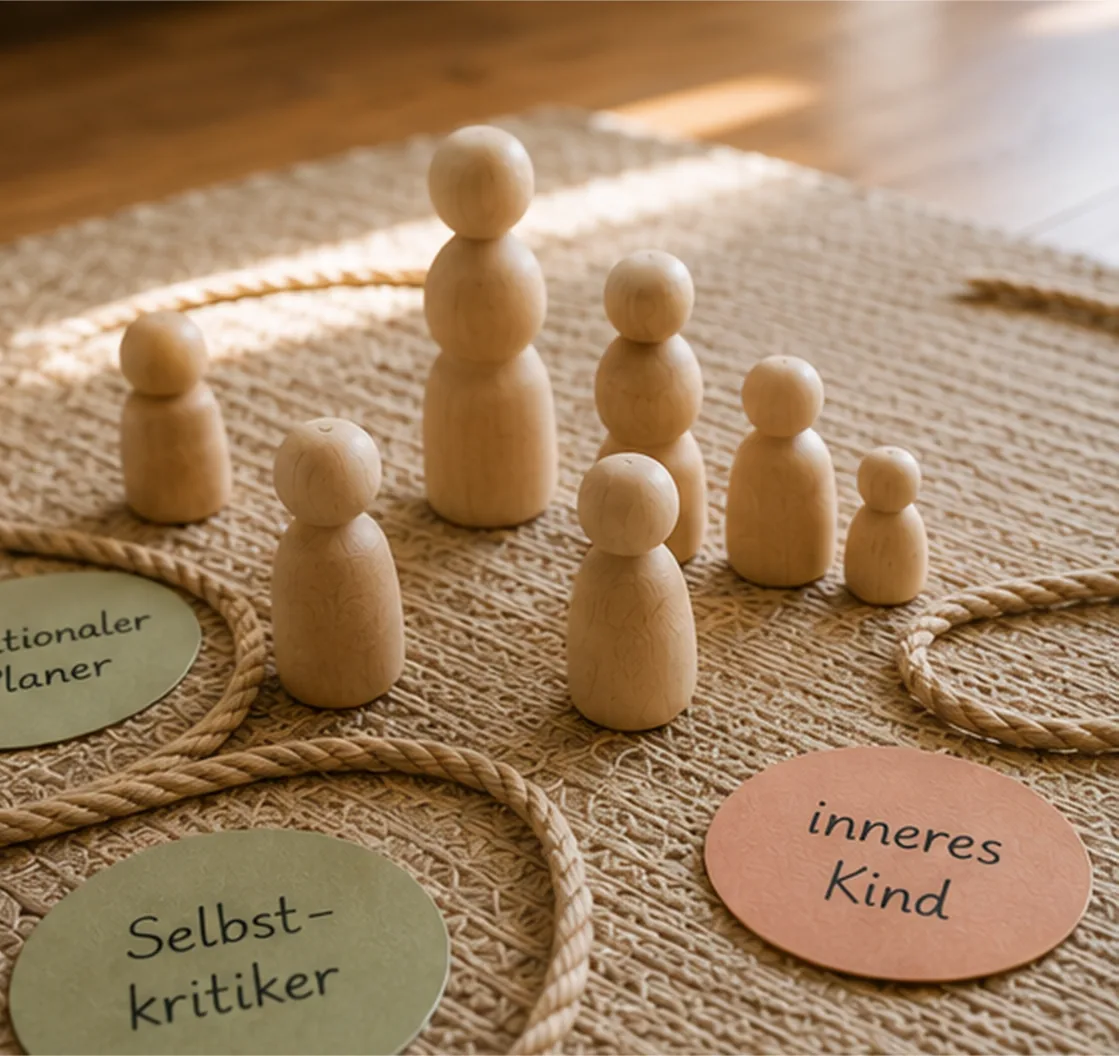 Systemische Holzfiguren mit Karten zu innerem Kind und Selbstkritiker